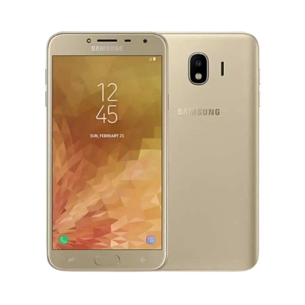 Samsung Galaxy J4 or, vue avant avec écran lumineux et dos métallique équipé d’un appareil photo central avec flash, smartphone présenté pour réparation chez iTelier Lyon : remplacement écran, batterie, vitre arrière, diagnostic gratuit et service rapide garanti.