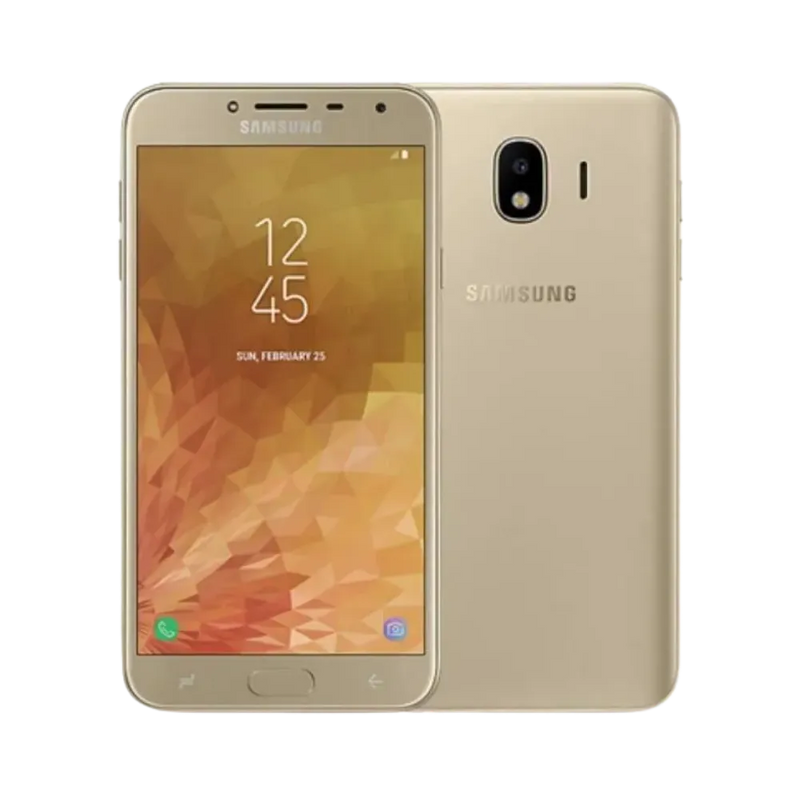 Samsung Galaxy J4 or, vue avant avec écran lumineux et dos métallique équipé d’un appareil photo central avec flash, smartphone présenté pour réparation chez iTelier Lyon : remplacement écran, batterie, vitre arrière, diagnostic gratuit et service rapide garanti.