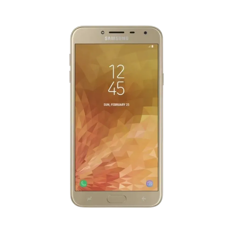 Face avant du Samsung Galaxy J4 or, écran lumineux affichant l’heure avec fond doré géométrique, modèle destiné à la réparation chez iTelier Lyon : changement écran original, diagnostic offert, réparation express avec pièces certifiées.