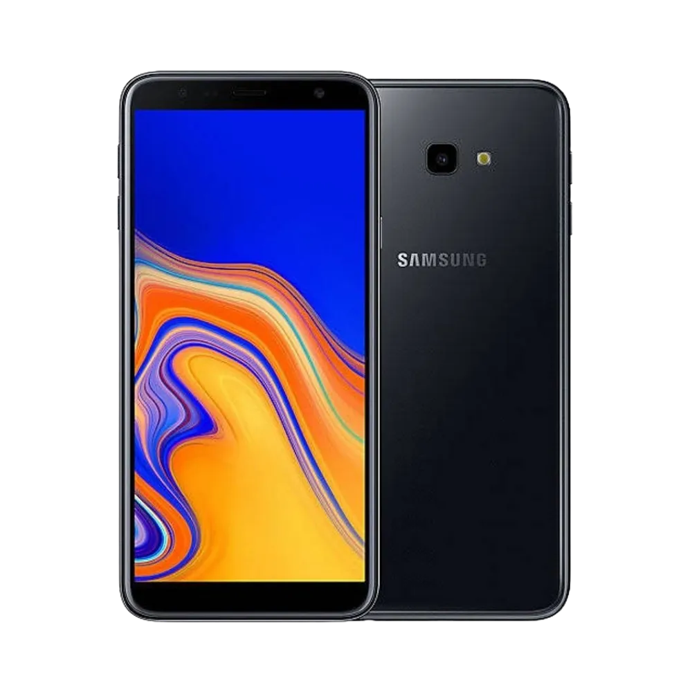 Samsung Galaxy J4 Plus noir, vue avant avec écran lumineux et dos brillant équipé d’un capteur photo central avec flash, smartphone présenté pour réparation chez iTelier Lyon : remplacement écran, batterie, vitre arrière, diagnostic gratuit et service rapide garanti.