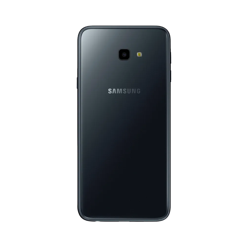 Dos du Samsung Galaxy J4 Plus noir brillant, appareil photo central avec flash intégré, smartphone présenté pour réparation chez iTelier Lyon : remplacement vitre arrière, batterie, diagnostic gratuit et service garanti 1 an.