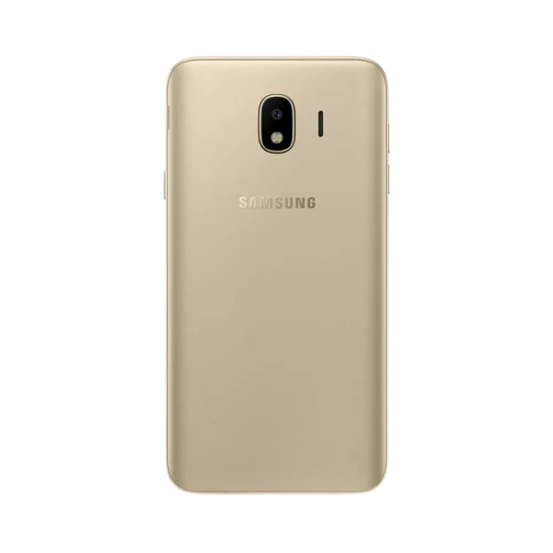Dos du Samsung Galaxy J4 or métallique, appareil photo central avec flash intégré, smartphone présenté pour réparation chez iTelier Lyon : remplacement vitre arrière, batterie, diagnostic gratuit et service garanti 1 an.