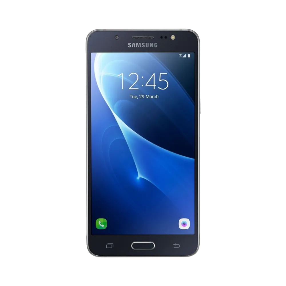 Face avant du Samsung Galaxy J5 2016 noir, écran lumineux affichant l’heure sur fond bleu, design classique avec bouton central physique, modèle destiné à la réparation chez iTelier Lyon : changement écran original, diagnostic offert, réparation express avec pièces certifiées.