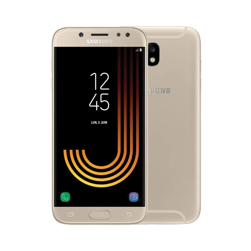 Samsung Galaxy J5 2017 or, vue avant avec écran allumé affichant l’heure et dos métallique équipé d’un capteur photo central avec flash, smartphone présenté pour réparation chez iTelier Lyon : remplacement écran, batterie, vitre arrière, diagnostic gratuit et service rapide garanti.