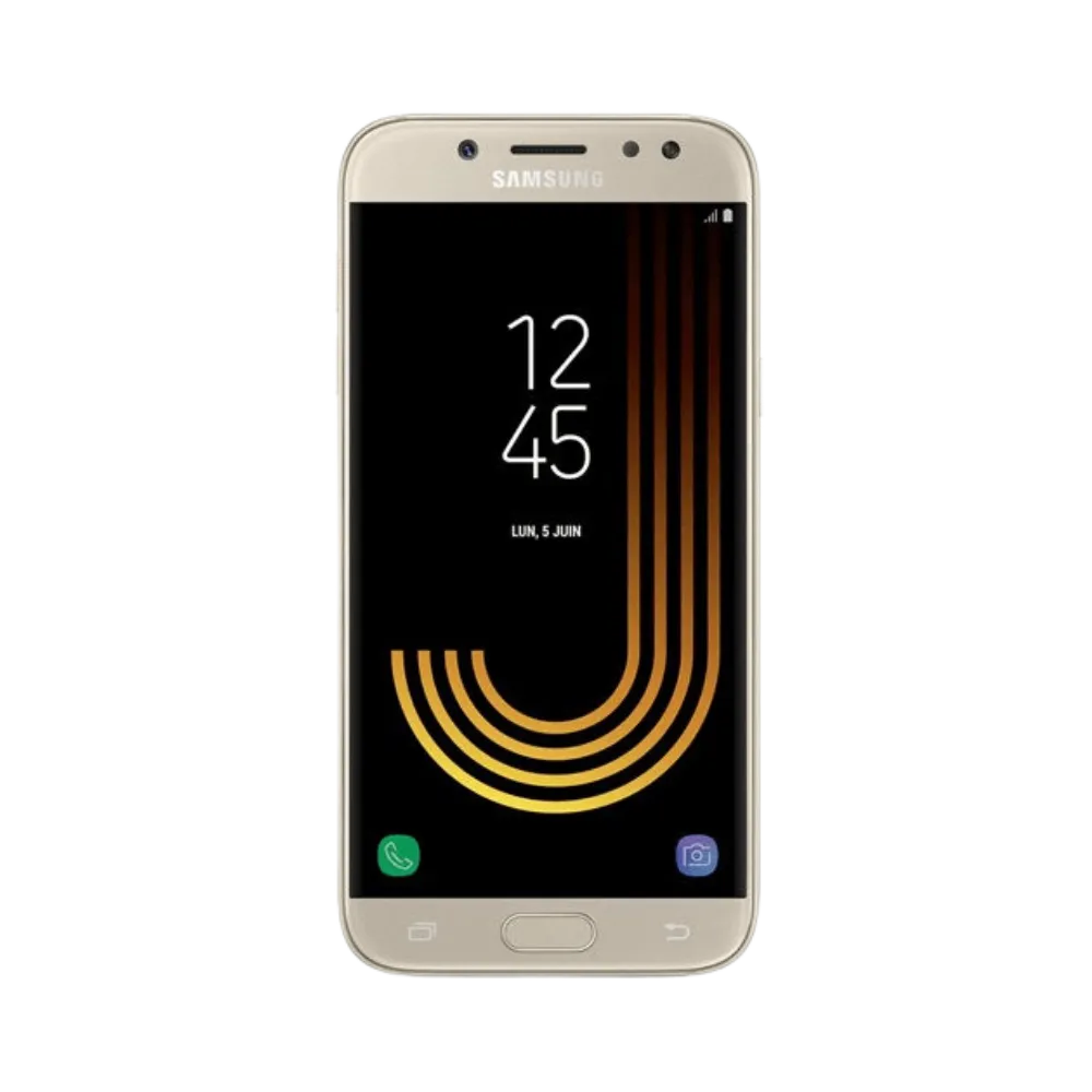 Face avant du Samsung Galaxy J5 2017 or, écran lumineux affichant l’heure avec fond sombre et design avec bouton central physique, modèle destiné à la réparation chez iTelier Lyon : changement écran original, diagnostic offert, réparation express avec pièces certifiées.