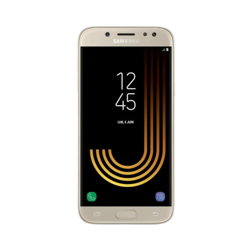Face avant du Samsung Galaxy J5 2017 or, écran lumineux affichant l’heure avec fond sombre et design avec bouton central physique, modèle destiné à la réparation chez iTelier Lyon : changement écran original, diagnostic offert, réparation express avec pièces certifiées.