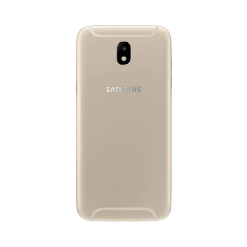 Dos du Samsung Galaxy J5 2017 or métallique, appareil photo central avec flash intégré, smartphone présenté pour réparation chez iTelier Lyon : remplacement vitre arrière, batterie, diagnostic gratuit et service garanti 1 an.
