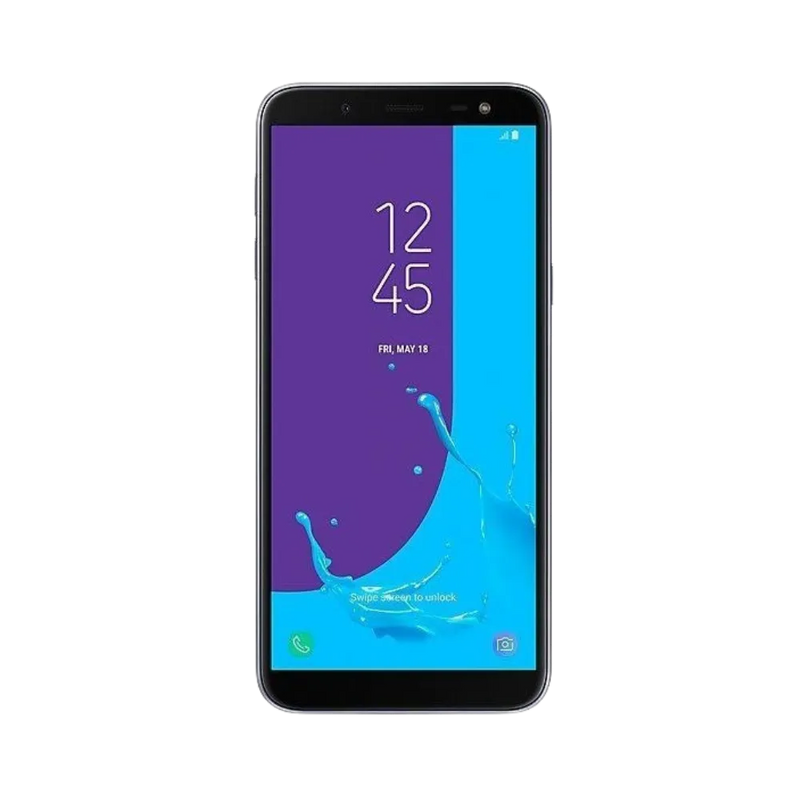 Face avant du Samsung Galaxy J6 violet, écran lumineux affichant l’heure avec fond bleu, modèle destiné à la réparation chez iTelier Lyon : changement écran original, diagnostic offert, réparation express avec pièces certifiées.