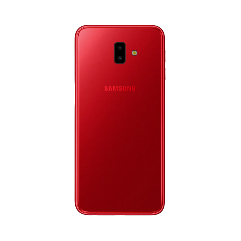 Dos du Samsung Galaxy J6 Plus rouge brillant, module photo vertical à double capteur avec flash, smartphone présenté pour réparation chez iTelier Lyon : remplacement vitre arrière, batterie, diagnostic gratuit et service garanti 1 an.