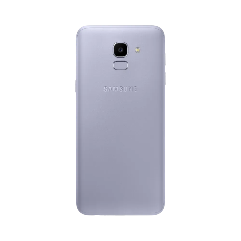 Dos du Samsung Galaxy J6 violet mat, appareil photo central avec flash et capteur d’empreintes, smartphone présenté pour réparation chez iTelier Lyon : remplacement vitre arrière, batterie, diagnostic gratuit et service garanti 1 an.