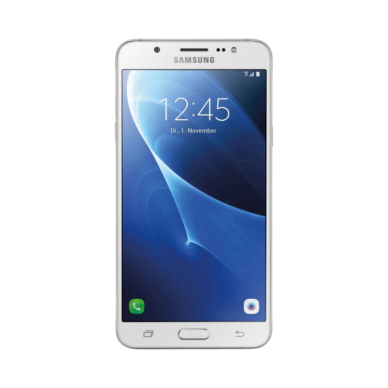 Face avant du Samsung Galaxy J7 2016 blanc, écran lumineux affichant l’heure avec design classique et bouton central physique, modèle destiné à la réparation chez iTelier Lyon : changement écran original, diagnostic offert, réparation express avec pièces garanties.