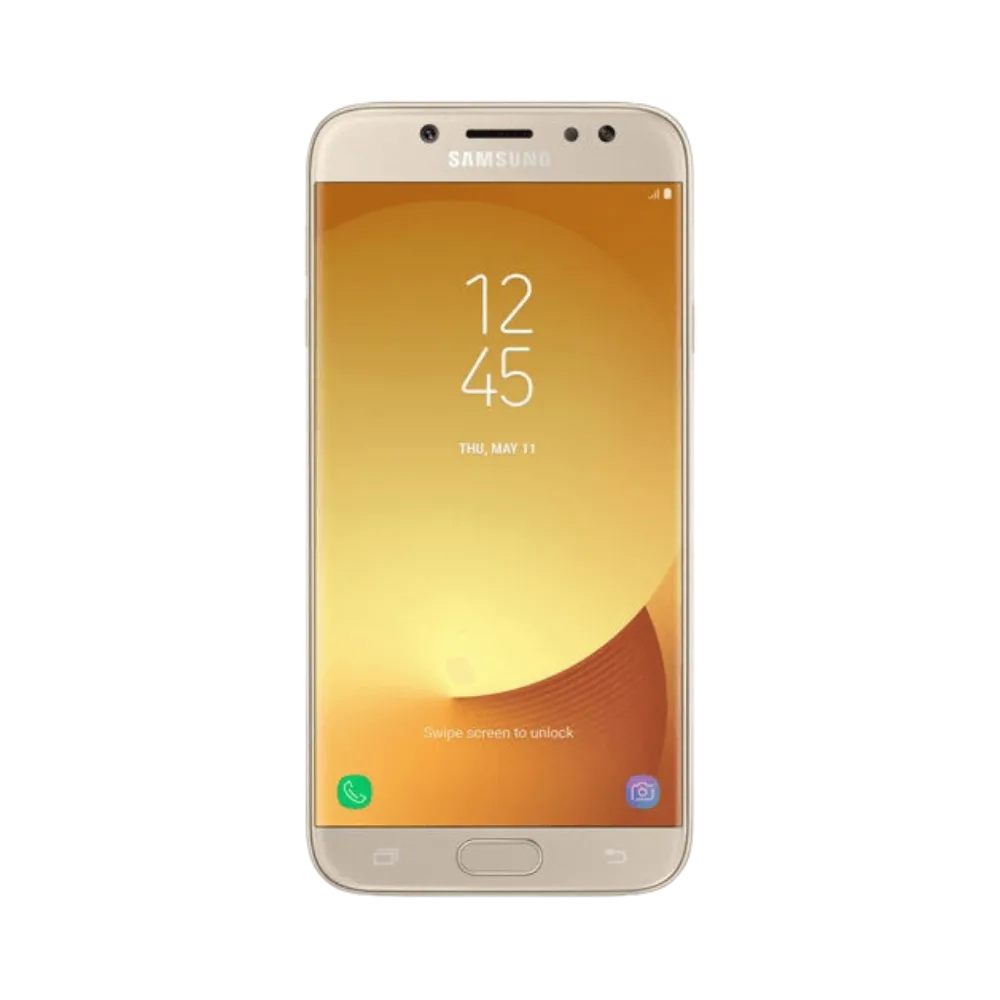 Face avant du Samsung Galaxy J7 2017 or, écran lumineux affichant l’heure et design avec bouton central physique, modèle destiné à la réparation chez iTelier Lyon : changement écran original, diagnostic offert, réparation express avec pièces certifiées.