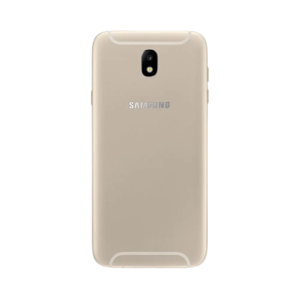 Dos du Samsung Galaxy J7 2017 or métallique, appareil photo central avec flash horizontal, smartphone présenté pour réparation chez iTelier Lyon : remplacement vitre arrière, batterie, diagnostic gratuit et service garanti 1 an.