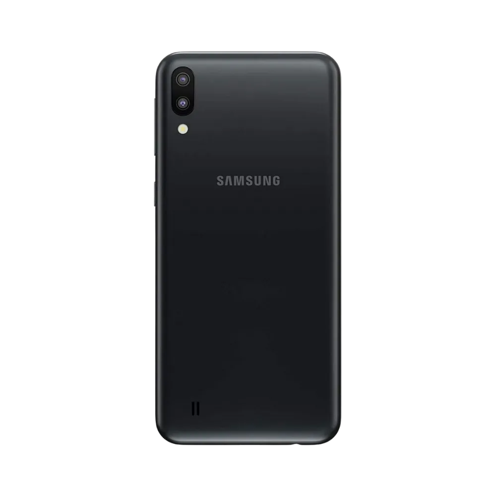 Dos du Samsung Galaxy M10 noir mat, double caméra verticale avec flash intégré, smartphone présenté pour réparation chez iTelier Lyon : remplacement vitre arrière, batterie, diagnostic gratuit et service express garanti.