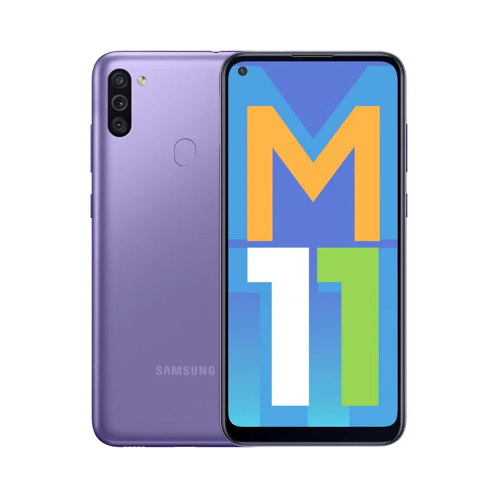 Samsung Galaxy M11 violet, vue avant avec marquage M11 et dos brillant équipé d’un triple capteur photo vertical et lecteur d’empreintes, smartphone présenté pour réparation chez iTelier Lyon : remplacement écran, batterie, vitre arrière, diagnostic gratuit et garantie 1 an.