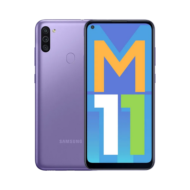 Samsung Galaxy M11 violet, vue avant avec marquage M11 et dos brillant équipé d’un triple capteur photo vertical et lecteur d’empreintes, smartphone présenté pour réparation chez iTelier Lyon : remplacement écran, batterie, vitre arrière, diagnostic gratuit et garantie 1 an.