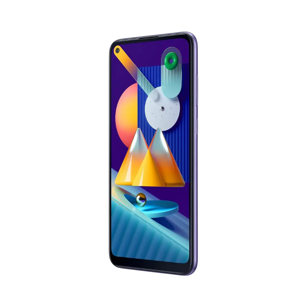 Face avant du Samsung Galaxy M11 violet, écran lumineux affichant M11 avec fond coloré, modèle destiné à la réparation chez iTelier Lyon : changement écran original, diagnostic offert, réparation rapide avec pièces certifiées.