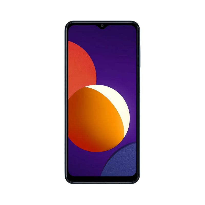 Face avant du Samsung Galaxy M12 bleu, écran lumineux affichant M12 avec fond violet et orange, modèle destiné à la réparation chez iTelier Lyon : changement écran original, diagnostic offert, réparation express avec pièces garanties.