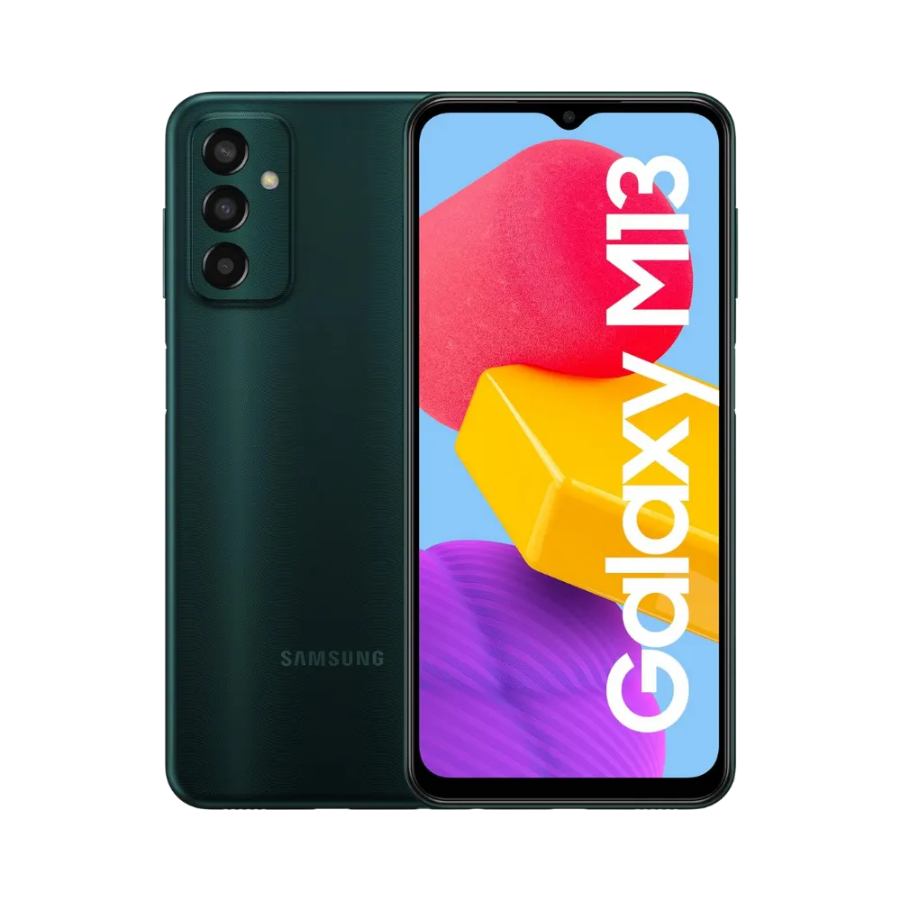 Samsung Galaxy M13 vert, vue avant avec marquage Galaxy M13 et dos mat équipé d’un triple capteur photo vertical, smartphone présenté pour réparation chez iTelier Lyon : remplacement écran, batterie, vitre arrière, diagnostic gratuit et service rapide garanti.