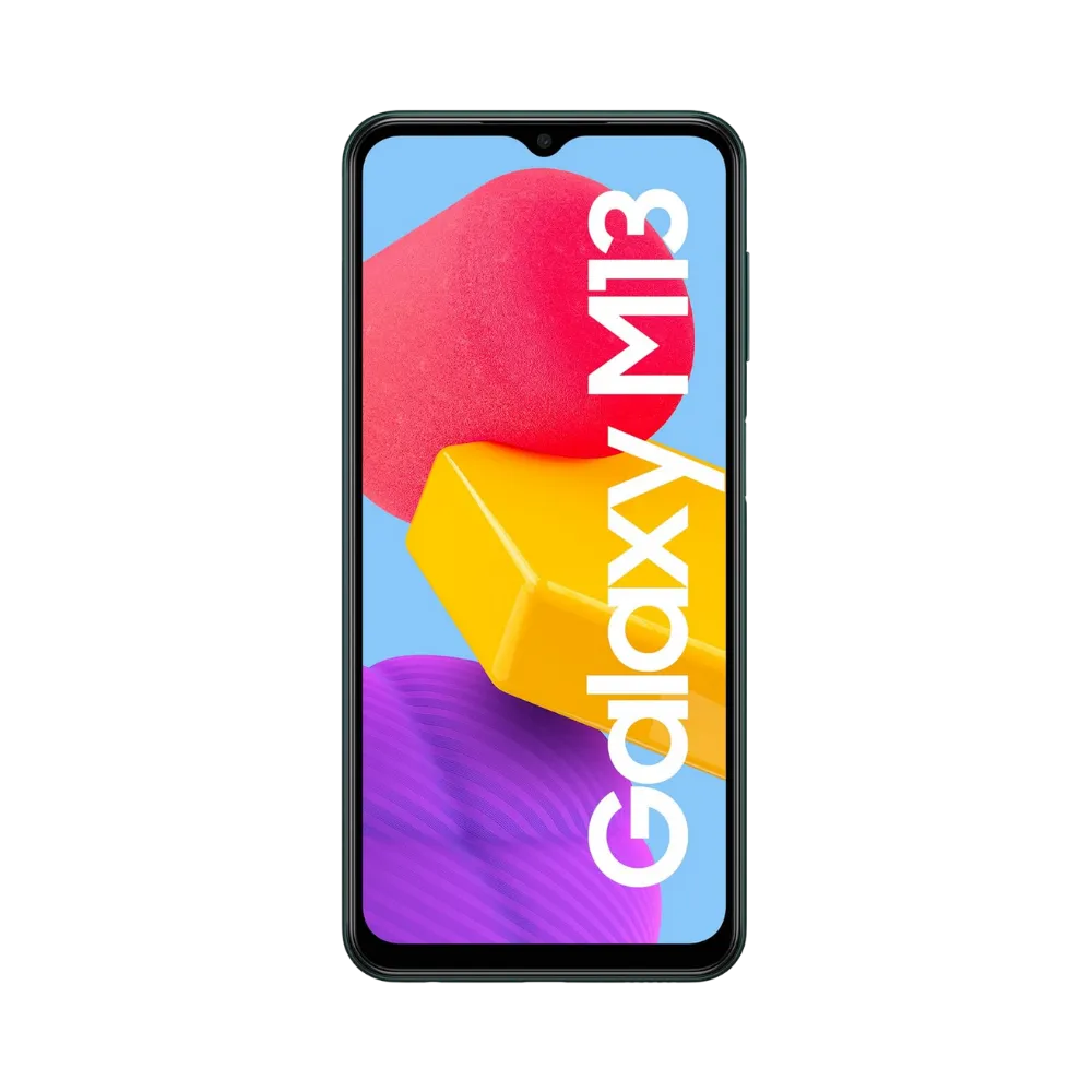 Samsung Galaxy M13 vert, vue avant avec marquage Galaxy M13 et dos mat équipé d’un triple capteur photo vertical, smartphone présenté pour réparation chez iTelier Lyon : remplacement écran, batterie, vitre arrière, diagnostic gratuit et service rapide garanti.