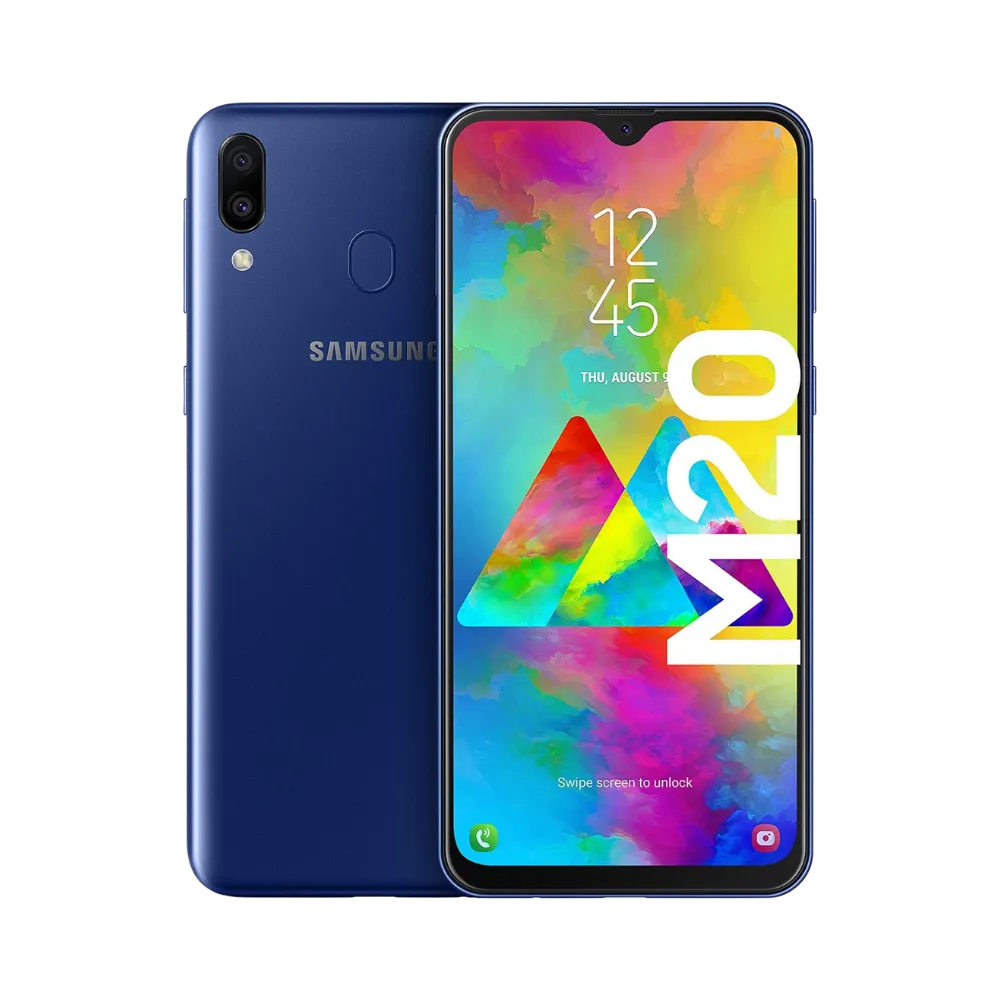 Samsung Galaxy M20 bleu, vue avant avec marquage M20 et dos mat équipé d’un double capteur photo vertical avec lecteur d’empreintes, smartphone présenté pour réparation chez iTelier Lyon : remplacement écran, batterie, vitre arrière, diagnostic gratuit et service rapide.