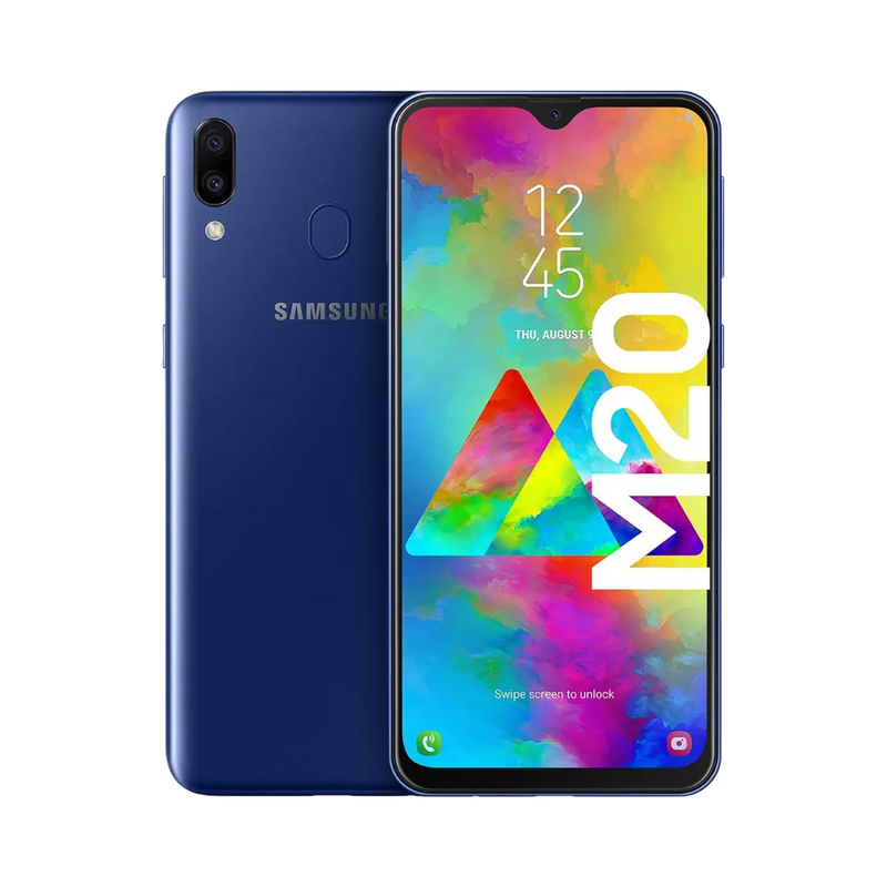 Samsung Galaxy M20 bleu, vue avant avec marquage M20 et dos mat équipé d’un double capteur photo vertical avec lecteur d’empreintes, smartphone présenté pour réparation chez iTelier Lyon : remplacement écran, batterie, vitre arrière, diagnostic gratuit et service rapide.