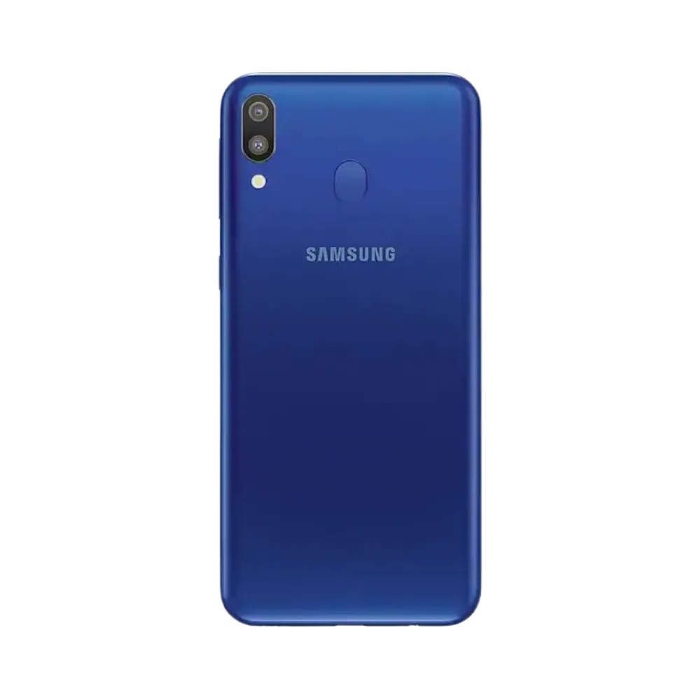 Dos du Samsung Galaxy M20 bleu mat, double caméra verticale avec flash et capteur d’empreintes, smartphone présenté pour réparation chez iTelier Lyon : remplacement vitre arrière, batterie, diagnostic gratuit et garantie 1 an.