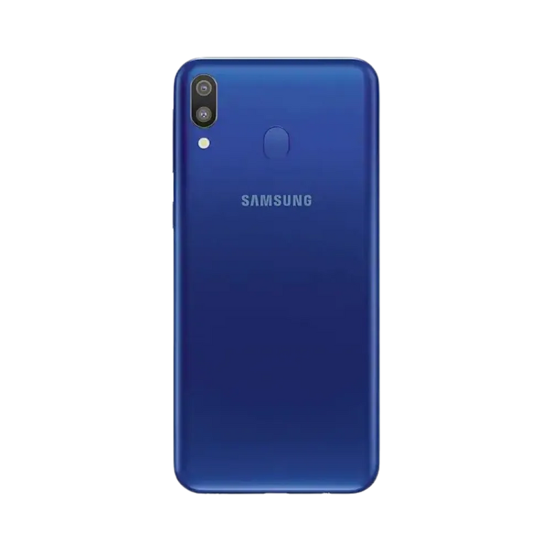 Dos du Samsung Galaxy M20 bleu mat, double caméra verticale avec flash et capteur d’empreintes, smartphone présenté pour réparation chez iTelier Lyon : remplacement vitre arrière, batterie, diagnostic gratuit et garantie 1 an.
