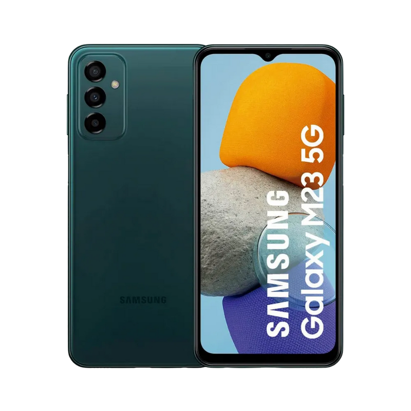Samsung Galaxy M23 5G vert, vue avant avec marquage Samsung Galaxy M23 5G et dos mat équipé d’un triple capteur photo vertical, smartphone présenté pour réparation chez iTelier Lyon : remplacement écran, batterie, vitre arrière, diagnostic gratuit et service rapide.