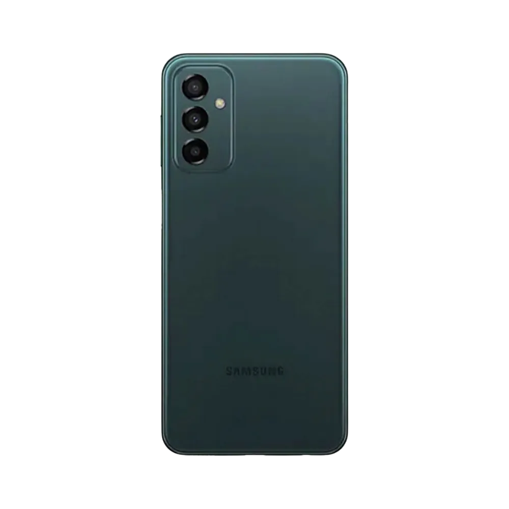 Dos du Samsung Galaxy M23 5G vert mat, triple module photo vertical avec flash intégré, smartphone présenté pour réparation chez iTelier Lyon : remplacement vitre arrière, batterie, diagnostic gratuit et pièces certifiées.