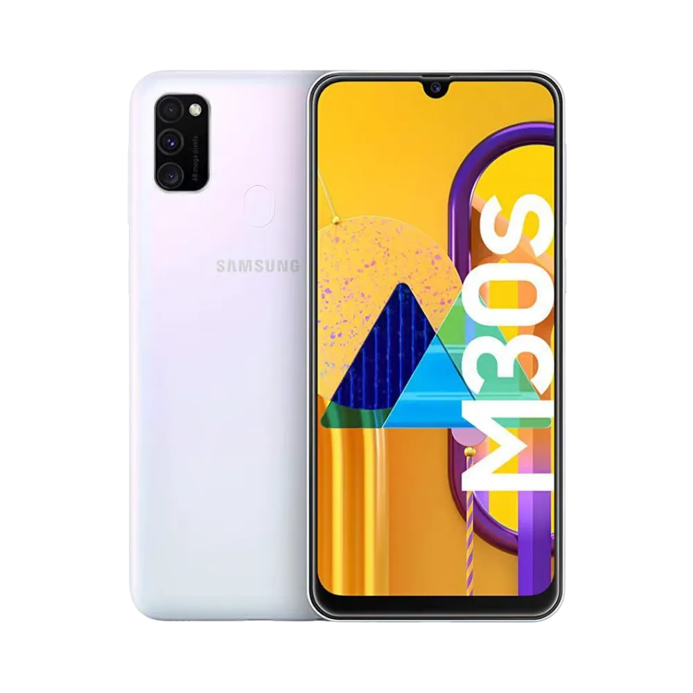 Samsung Galaxy M30s blanc, vue avant avec marquage M30s et dos nacré équipé d’un module photo rectangulaire avec trois capteurs, smartphone présenté pour réparation chez iTelier Lyon : remplacement écran, batterie, vitre arrière, diagnostic gratuit et garantie 1 an.