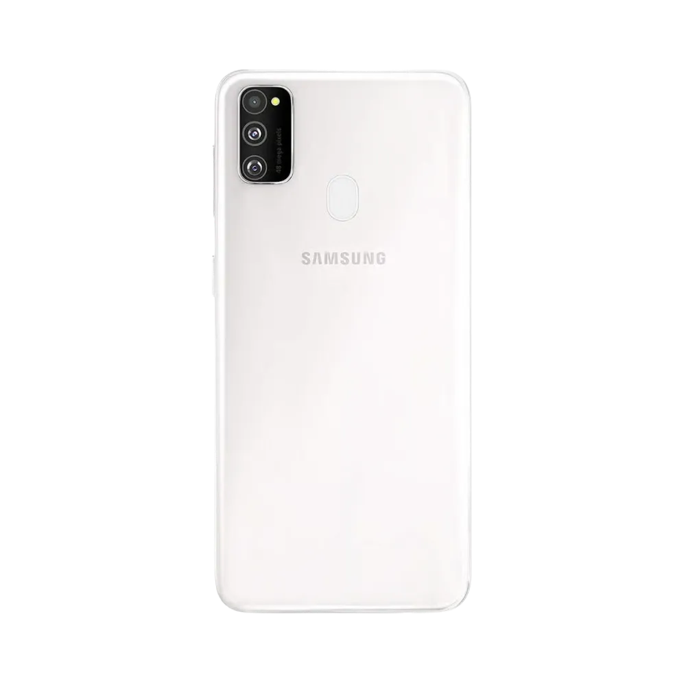 Dos du Samsung Galaxy M30s blanc nacré, module photo rectangulaire à trois capteurs avec flash, smartphone présenté pour réparation chez iTelier Lyon : remplacement vitre arrière, batterie, diagnostic gratuit et service express garanti.