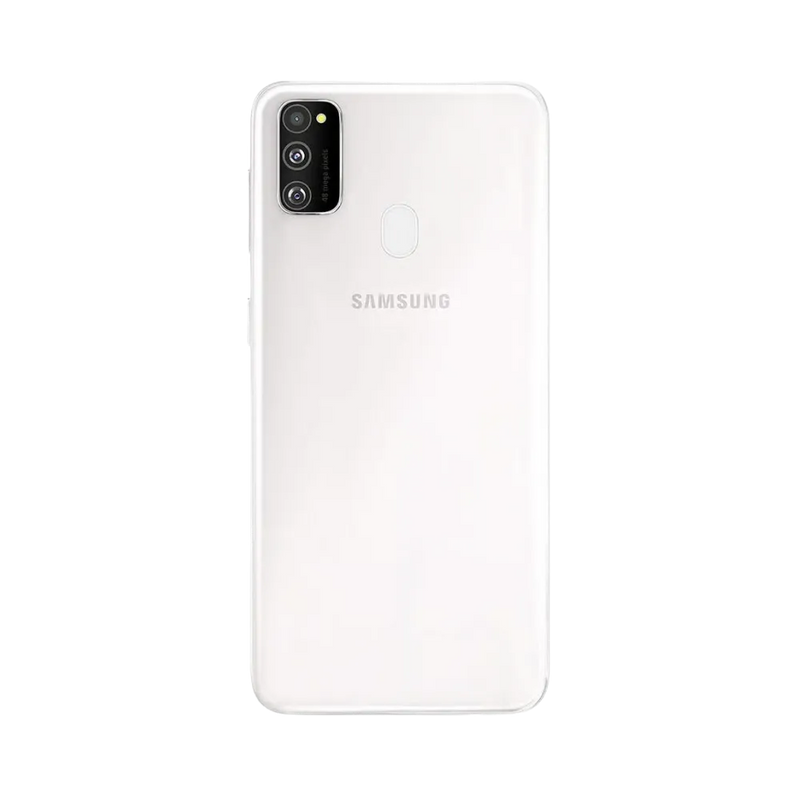 Dos du Samsung Galaxy M30s blanc nacré, module photo rectangulaire à trois capteurs avec flash, smartphone présenté pour réparation chez iTelier Lyon : remplacement vitre arrière, batterie, diagnostic gratuit et service express garanti.