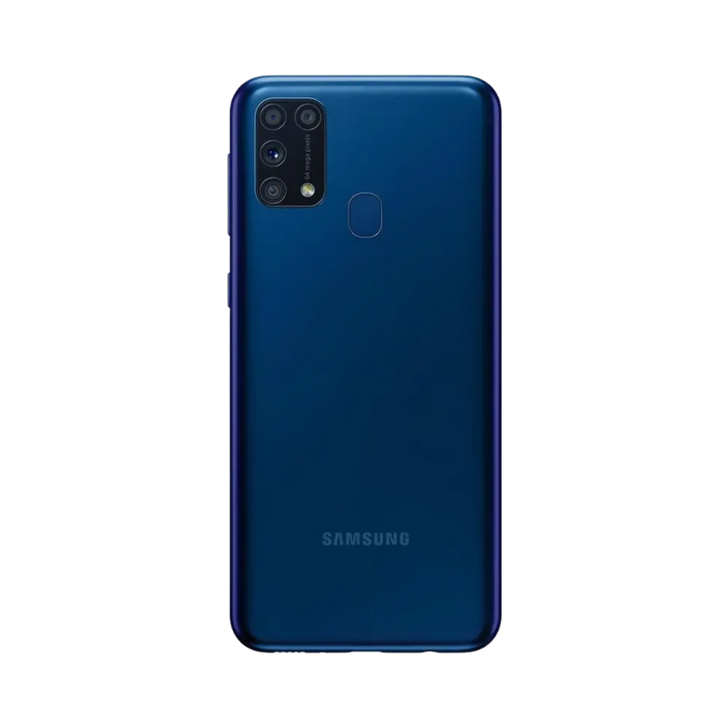 Dos du Samsung Galaxy M31 bleu brillant, module photo rectangulaire avec quatre capteurs et flash, smartphone présenté pour réparation chez iTelier Lyon : remplacement vitre arrière, batterie, diagnostic gratuit et service express.