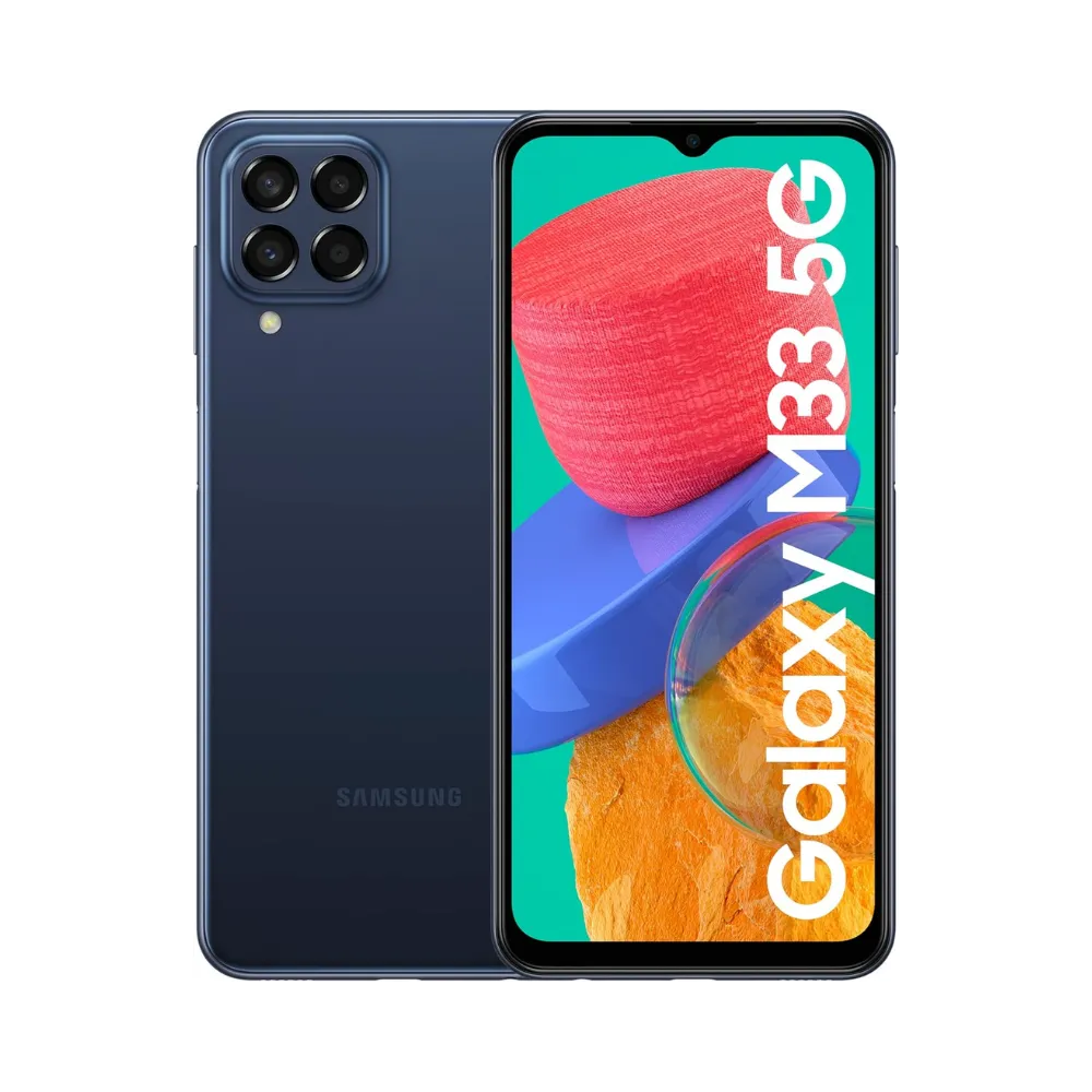 Samsung Galaxy M33 5G bleu, vue avant avec marquage Galaxy M33 5G et dos équipé d’un module photo carré à quatre capteurs, présenté pour réparation chez iTelier Lyon : remplacement écran, batterie, vitre arrière, diagnostic gratuit et garantie 1 an.