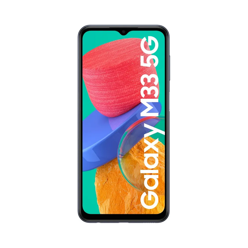 Face avant du Samsung Galaxy M33 5G bleu, écran lumineux affichant Galaxy M33 5G, smartphone destiné à la réparation chez iTelier Lyon : changement écran original, diagnostic offert, réparation rapide avec pièces certifiées.