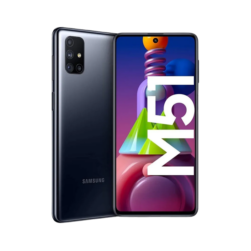 Samsung Galaxy M51 noir, vue avant avec marquage M51 et dos brillant avec module photo rectangulaire à quatre capteurs, présenté pour réparation chez iTelier Lyon : remplacement écran, batterie, vitre arrière, diagnostic gratuit et service garanti.