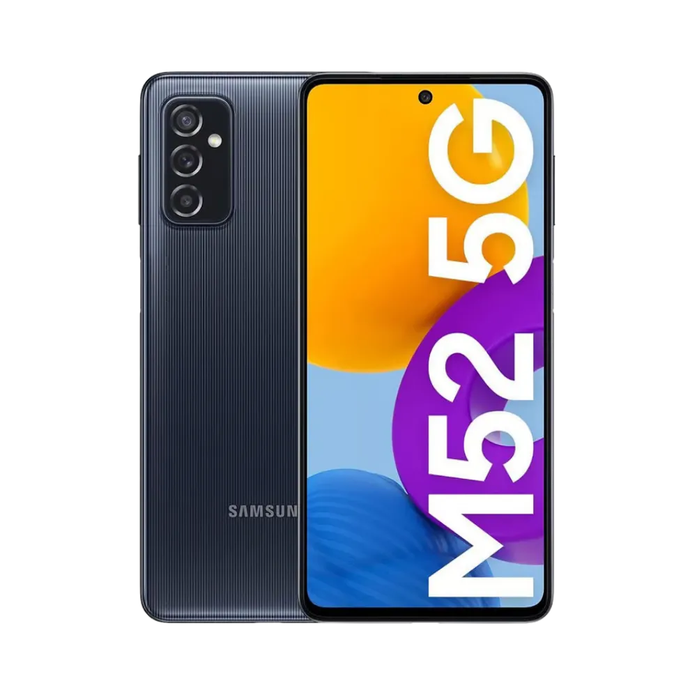 Samsung Galaxy M52 5G noir, vue avant avec marquage M52 5G et dos strié avec triple caméra, présenté pour réparation chez iTelier Lyon : remplacement écran, batterie, vitre arrière, diagnostic gratuit, service rapide garanti 1 an.
