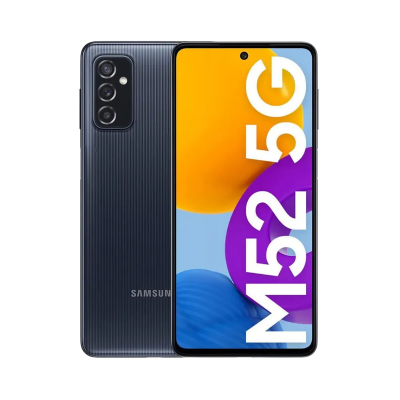 Samsung Galaxy M52 5G noir, vue avant avec marquage M52 5G et dos strié avec triple caméra, présenté pour réparation chez iTelier Lyon : remplacement écran, batterie, vitre arrière, diagnostic gratuit, service rapide garanti 1 an.