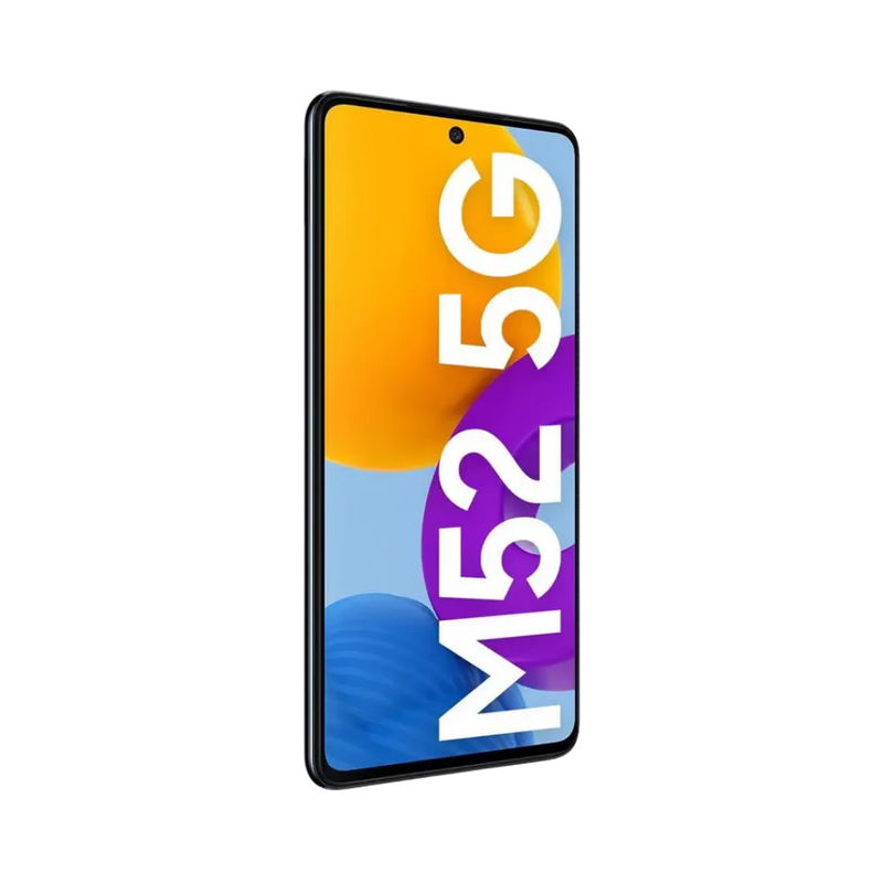 Face avant du Samsung Galaxy M52 5G noir, écran lumineux affichant M52 5G, modèle destiné à la réparation chez iTelier Lyon : changement écran original, diagnostic offert, réparation express avec pièces garanties.