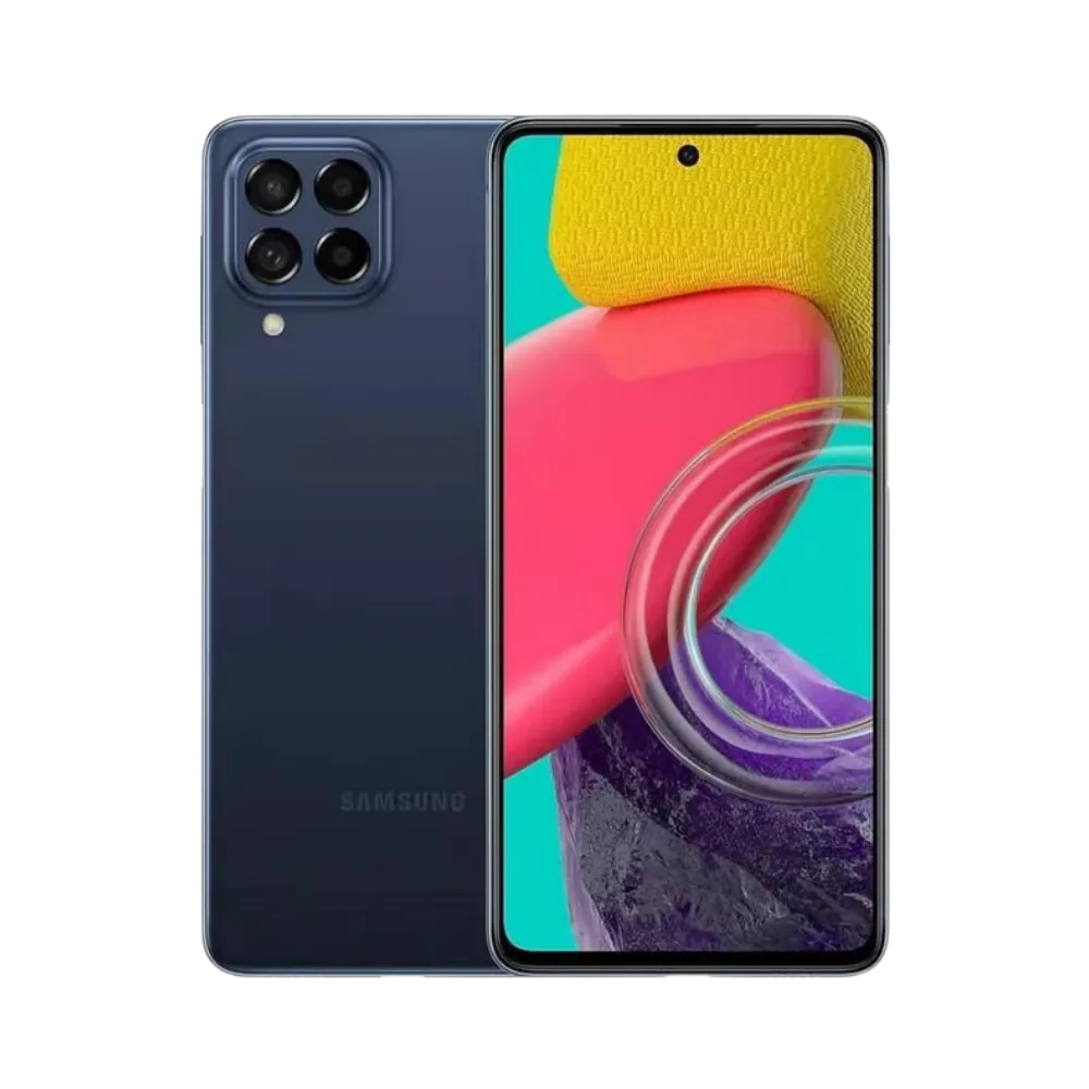 Samsung Galaxy M53 5G vue avant et arrière, smartphone bleu avec écran allumé, modèle présenté pour réparation chez iTelier Lyon : remplacement écran, batterie, vitre arrière, diagnostic gratuit, service rapide garanti 1 an.