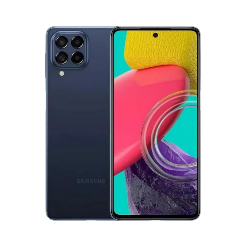 Samsung Galaxy M53 5G vue avant et arrière, smartphone bleu avec écran allumé, modèle présenté pour réparation chez iTelier Lyon : remplacement écran, batterie, vitre arrière, diagnostic gratuit, service rapide garanti 1 an.