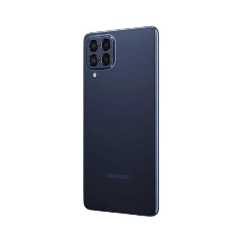Dos du Samsung Galaxy M53 5G bleu foncé, module photo à quatre capteurs, smartphone présenté pour réparation chez iTelier Lyon : remplacement vitre arrière, batterie, diagnostic gratuit et pièces certifiées.