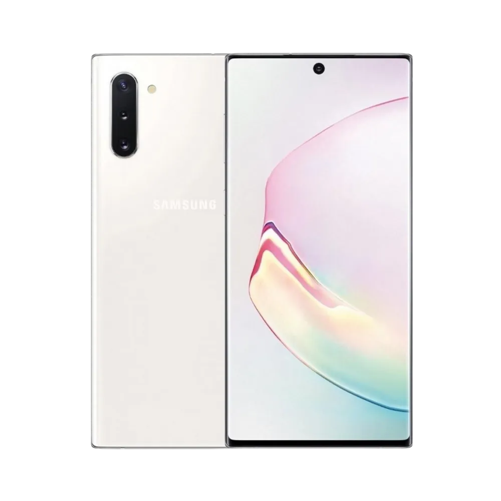 Samsung Galaxy Note 10 blanc nacré, vue avant et arrière : écran bord à bord avec poinçon central, dos brillant à triple caméra verticale ; visuel iTelier Lyon pour réparation écran, batterie, vitre arrière ; diagnostic gratuit, service rapide garanti 1 an.