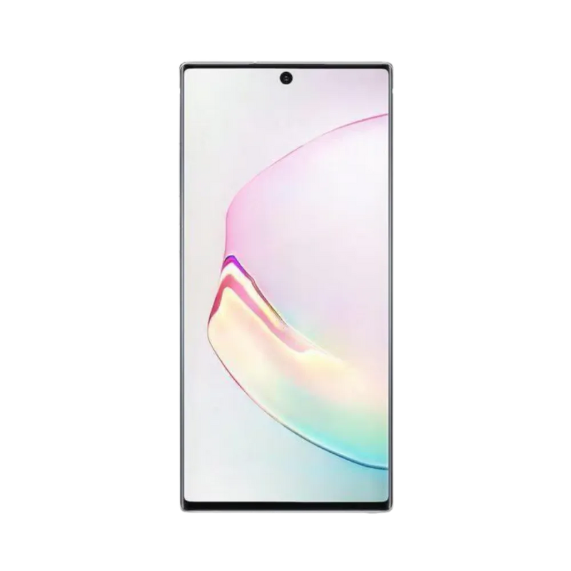 Face avant du Samsung Galaxy Note 10 blanc, écran lumineux bord à bord avec poinçon central ; modèle destiné à la réparation chez iTelier Lyon : changement écran original, diagnostic offert, réparation express avec pièces certifiées.