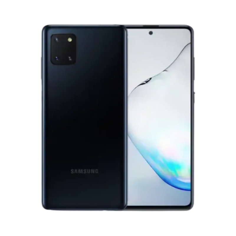 Samsung Galaxy Note 10 Lite noir, vue avant avec écran lumineux incurvé et dos brillant avec triple caméra carrée, smartphone présenté pour réparation chez iTelier Lyon : remplacement écran, batterie, vitre arrière, diagnostic gratuit et service rapide garanti.
