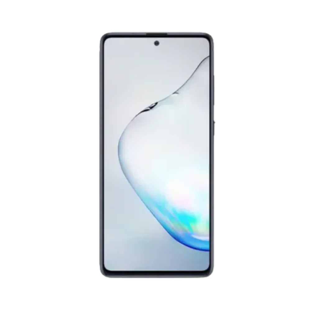 Face avant du Samsung Galaxy Note 10 Lite noir, écran lumineux avec design borderless et poinçon central, modèle destiné à la réparation chez iTelier Lyon : changement écran original, diagnostic offert, réparation express avec pièces certifiées.