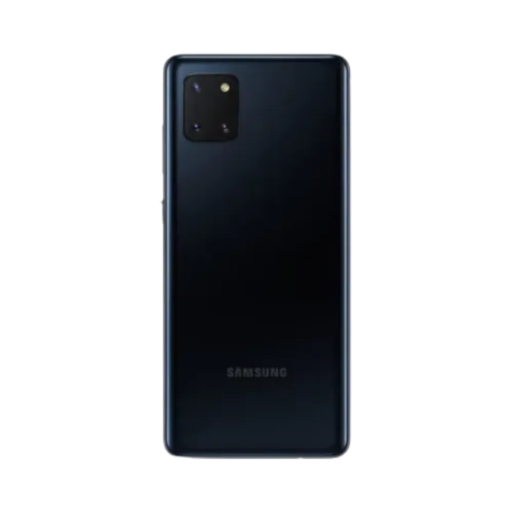 Dos du Samsung Galaxy Note 10 Lite noir brillant, module photo carré avec trois capteurs et flash, smartphone présenté pour réparation chez iTelier Lyon : remplacement vitre arrière, batterie, diagnostic gratuit et service garanti 1 an.