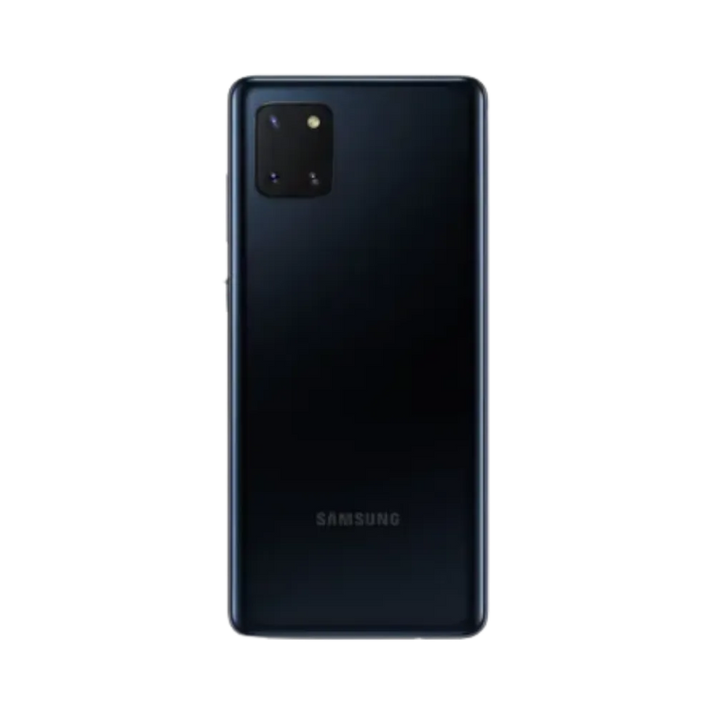 Dos du Samsung Galaxy Note 10 Lite noir brillant, module photo carré avec trois capteurs et flash, smartphone présenté pour réparation chez iTelier Lyon : remplacement vitre arrière, batterie, diagnostic gratuit et service garanti 1 an.