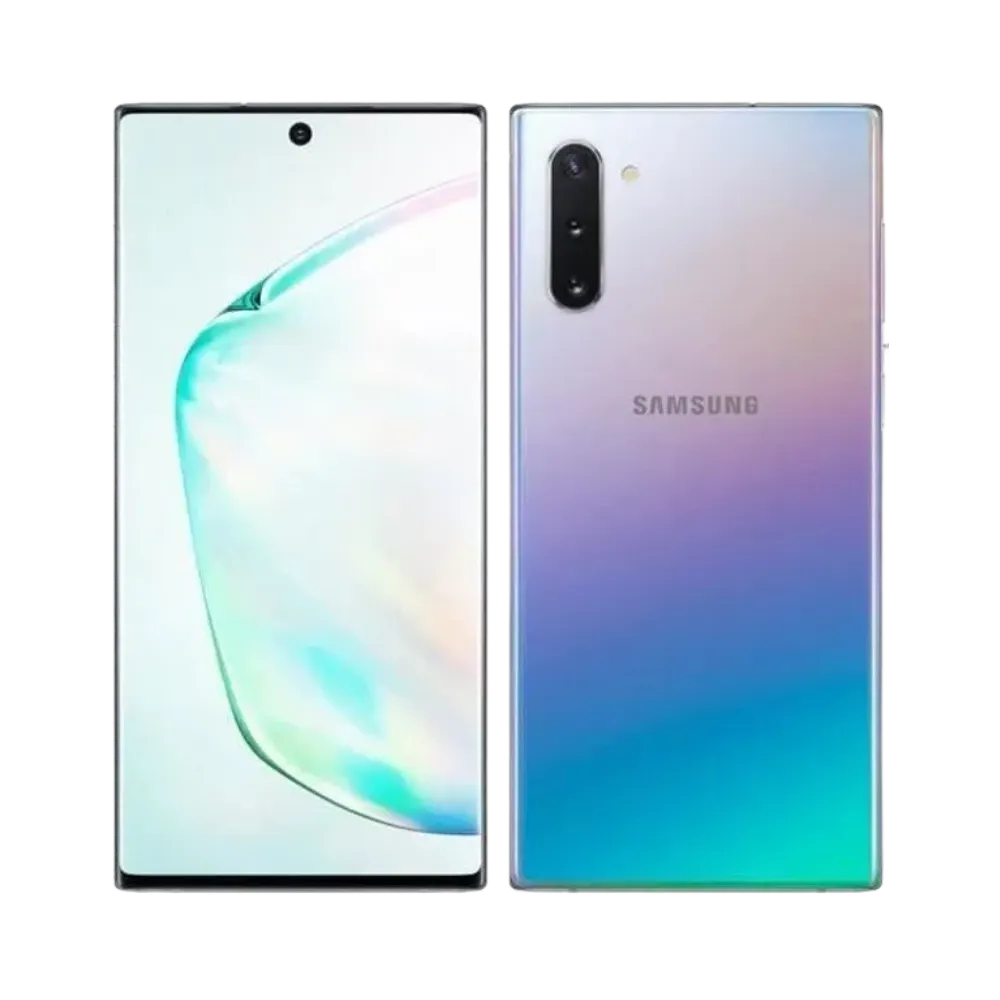 Deux Samsung Galaxy Note 10 Plus 5G argent côte à côte, l’un de face avec écran allumé et l’autre de dos avec triple caméra, visuels utilisés pour réparation chez iTelier Lyon : écran, batterie, vitre arrière, diagnostic gratuit et service express garanti.